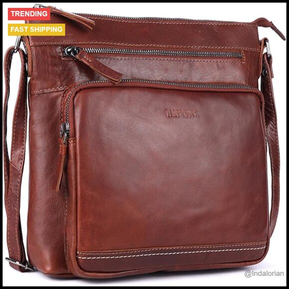 Genuine Leather Crossbody Bag Extra Large Adjustable Strap Triple Zip